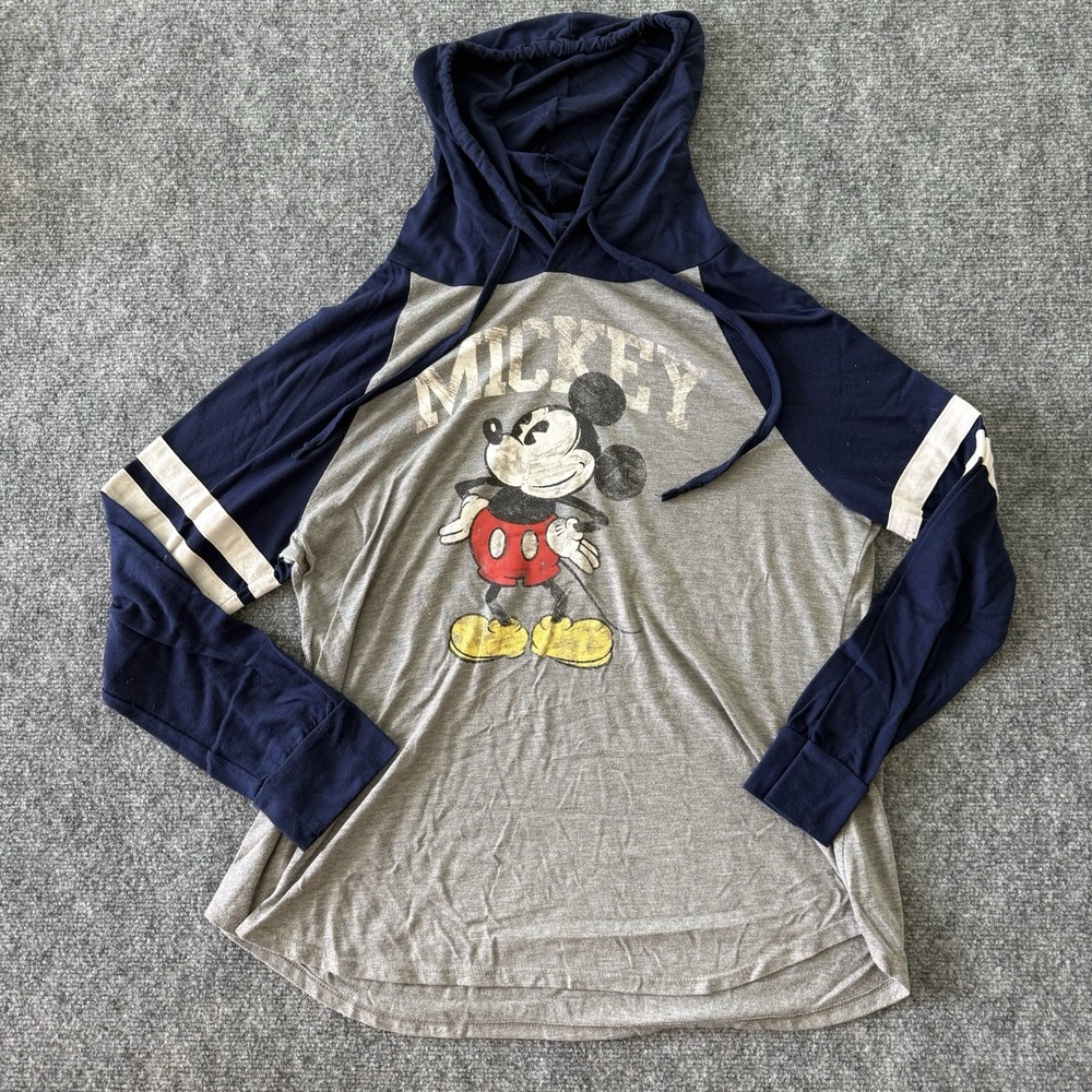 Disney World Mickey Mouse Hooded Long‎ Sleeve Blue Gray Raglan Shirt - Sz 2XL
